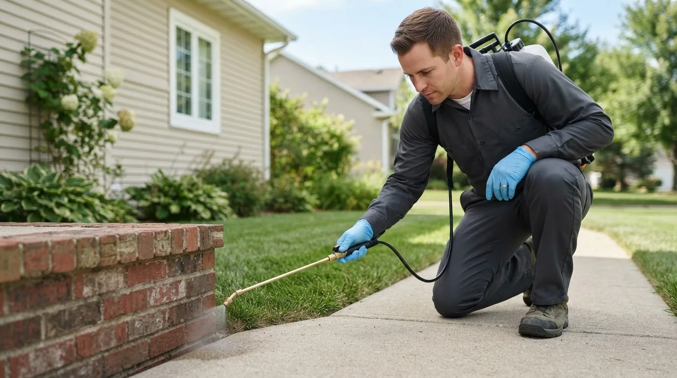 Pest control technician treating a home near Lovell, ME